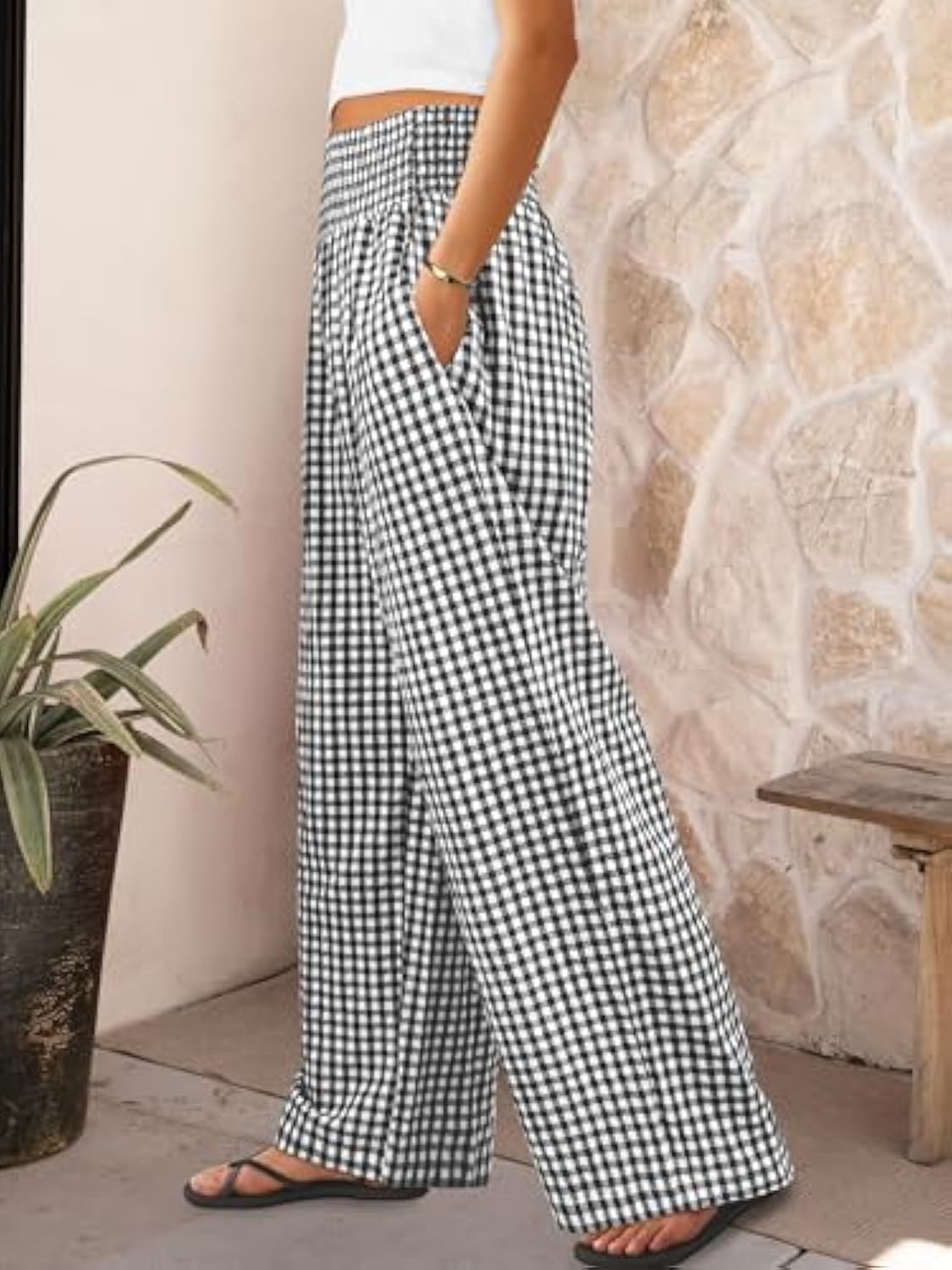 Karierte Freizeithose, locker geschnitten, Damenmode, weite Hose mit Taschen