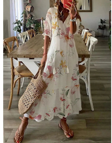 Andrea's™ | Lockeres Kleid mit V-Ausschnitt, Print, Quasten und halblangen Ärmeln