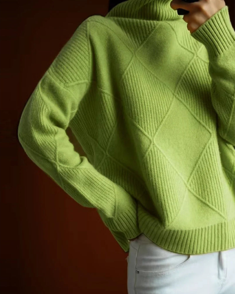 Andrea's™ | Schlichter, einfarbiger, eleganter Rollkragenpullover mit Rautenmuster