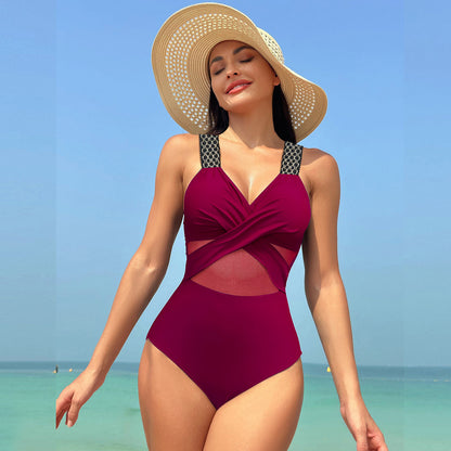 Andrea's™ | Einteiliger Badeanzug mit überkreuztem Mesh-Detail und gemusterten Trägern