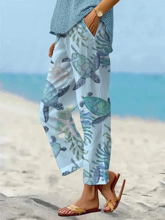 Andrea Serena Cropped Pants mit Meeresschildkrötenmuster