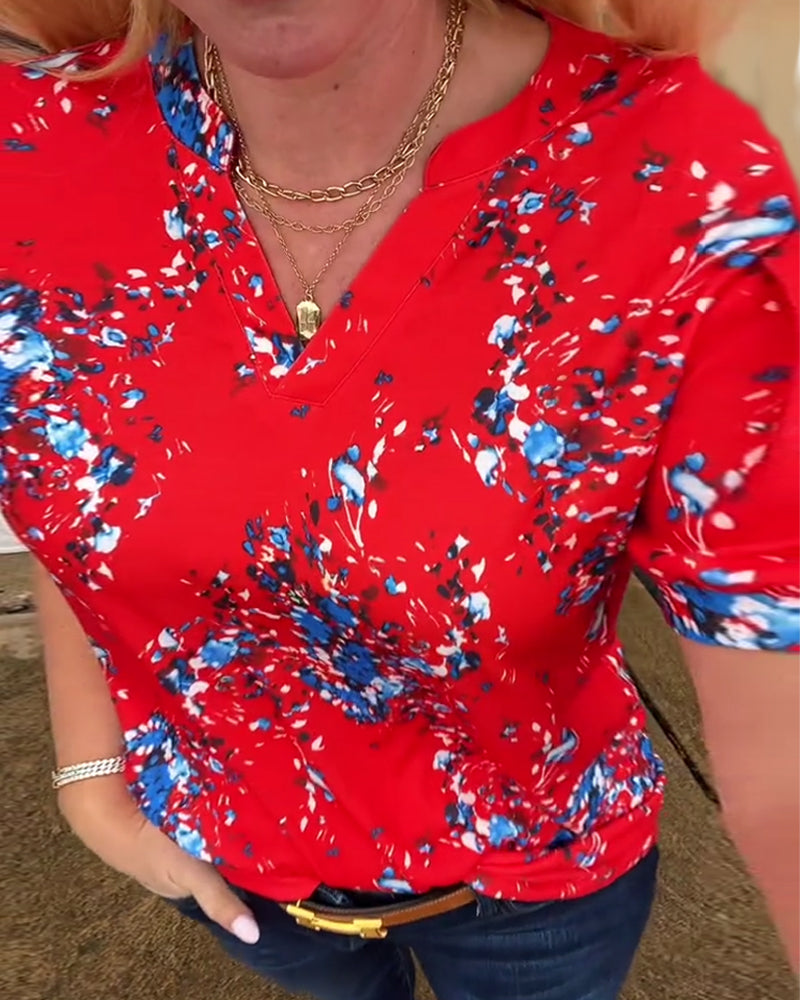 Andrea's™ | T-Shirt V-Ausschnitt Blumenmuster Kurzarm