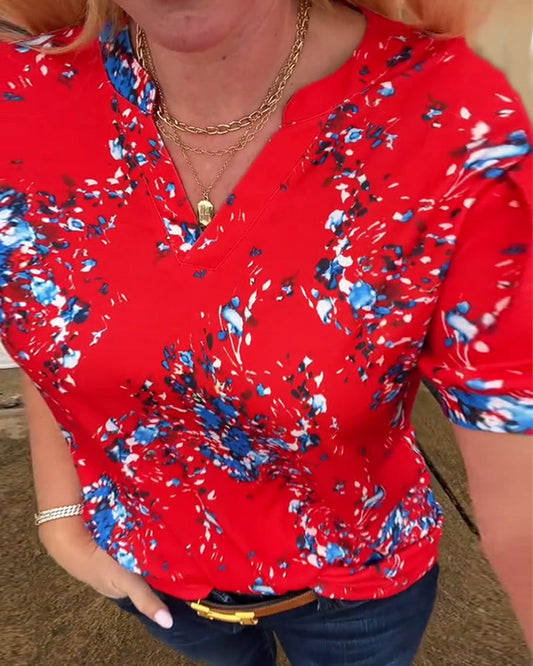 Andrea's™ | T-Shirt V-Ausschnitt Blumenmuster Kurzarm
