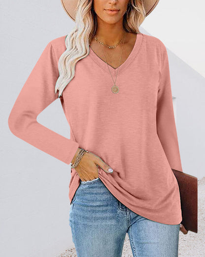 Andrea's™ | Einfarbiges Langarm-T-Shirt mit V-Ausschnitt