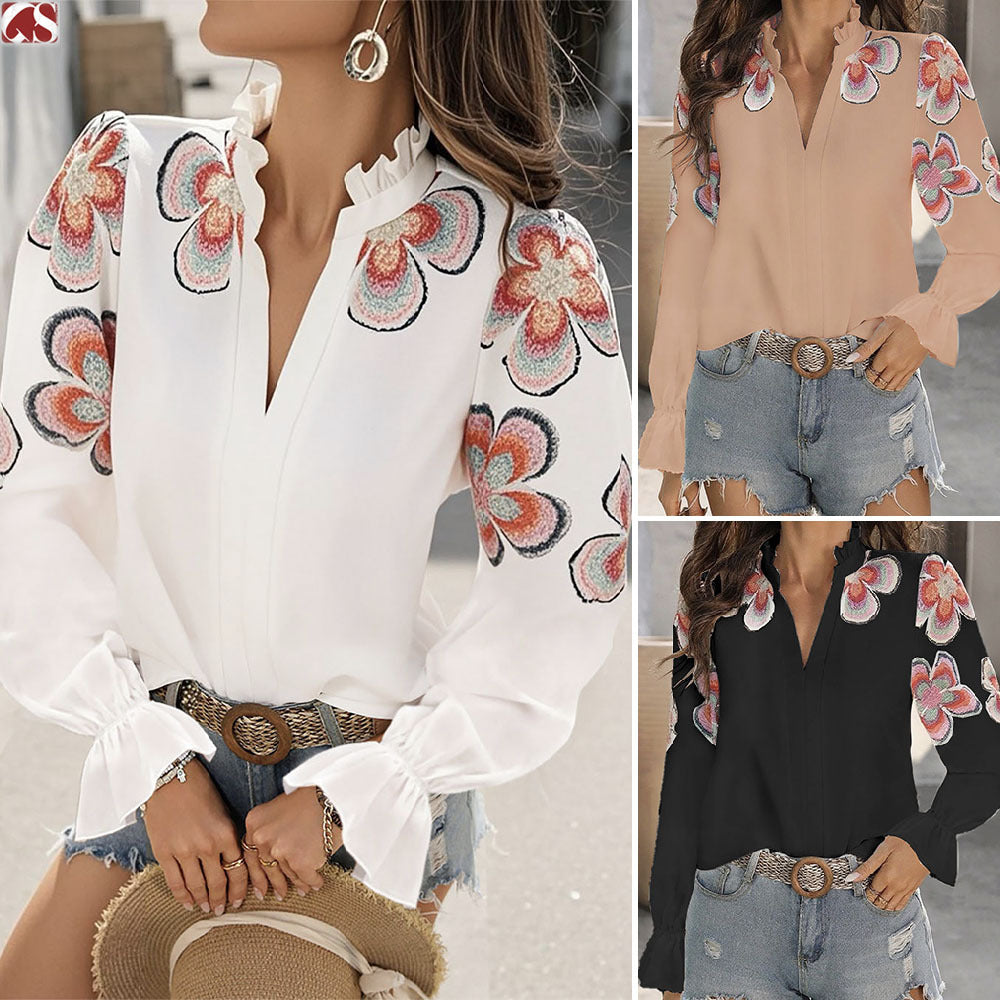 Chic V-Neck Ruffle Blouse by Andrea Serena