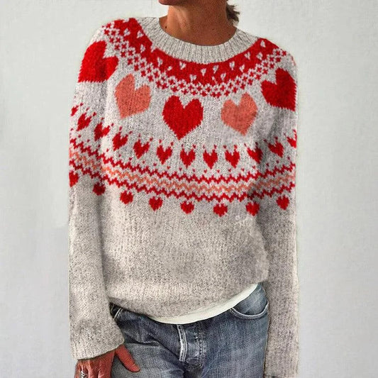 Andrea's™ | Grauer Strickpullover mit Herz-Rundpasse in Rot & Rosé