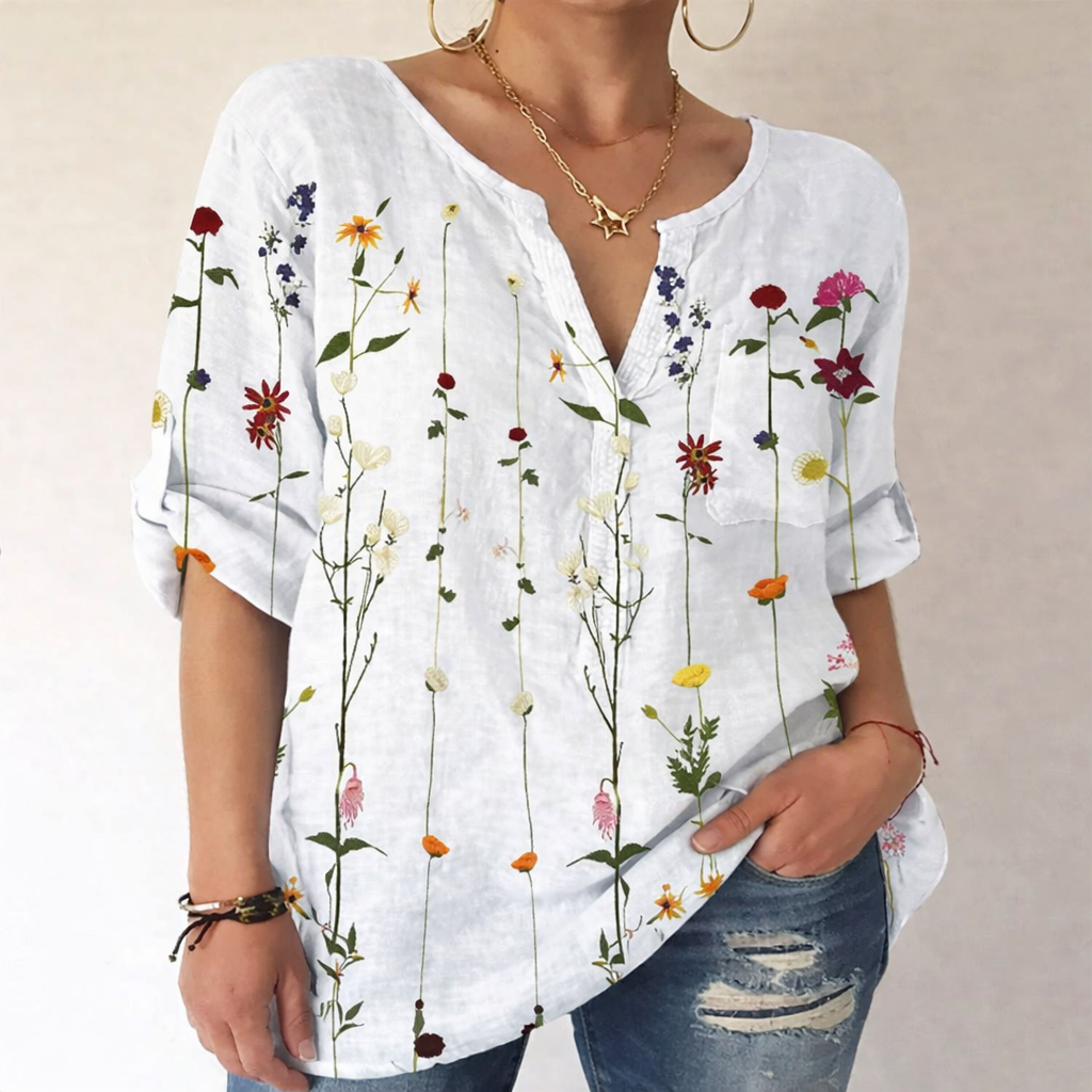 Bedruckte Baumwollbluse mit V-Ausschnitt von Andrea Serena