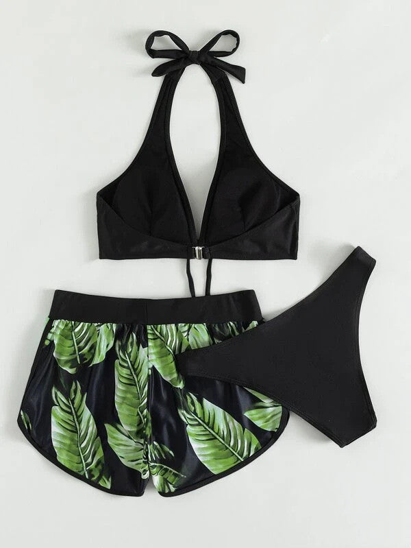 Andrea's™ | 3-teiliges Bikini-Set mit Blätterdruck und Shorts