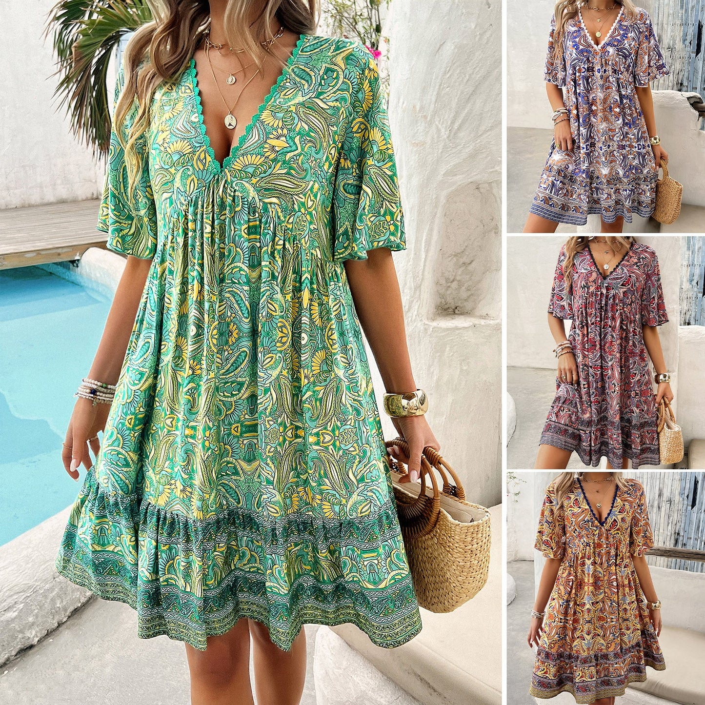 Bedrucktes Boho-Kleid mit V-Ausschnitt von Andrea Serena