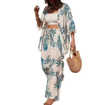 Schickes bedrucktes Andrea Serena Cardigan-Hosen-Set