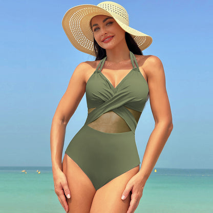 Andrea's™ | Badeanzug mit überkreuzten Mesh-Ausschnitten und Neckholder-Trägern