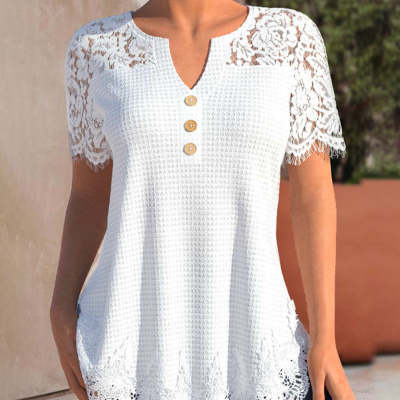 Andrea's™ | Stitching Lace Kurzarm-T-Shirt