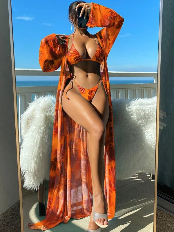 Leuchtendes Blumenmuster Andrea Serena Langarm-Bikini-Set