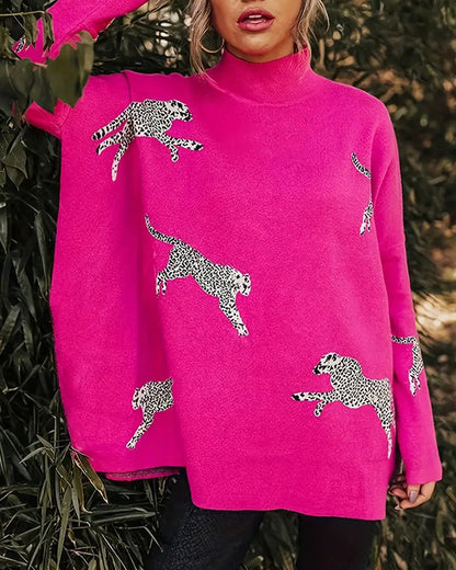 Andrea's™ | Stilvoller, lockerer pullover mit hohem kragen und leopardenmuster