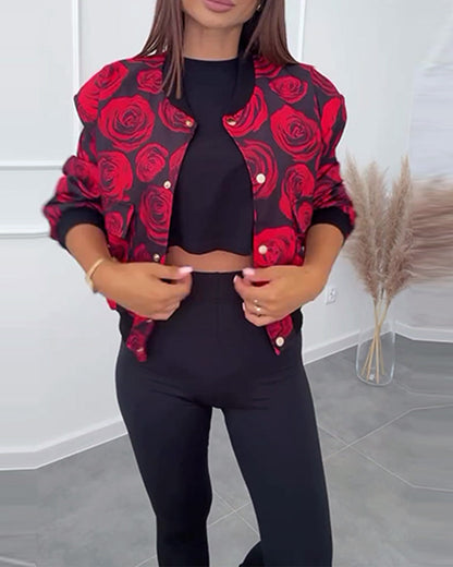 Andrea's™ | Lässige Jacke mit Knöpfen und Rosen-Print