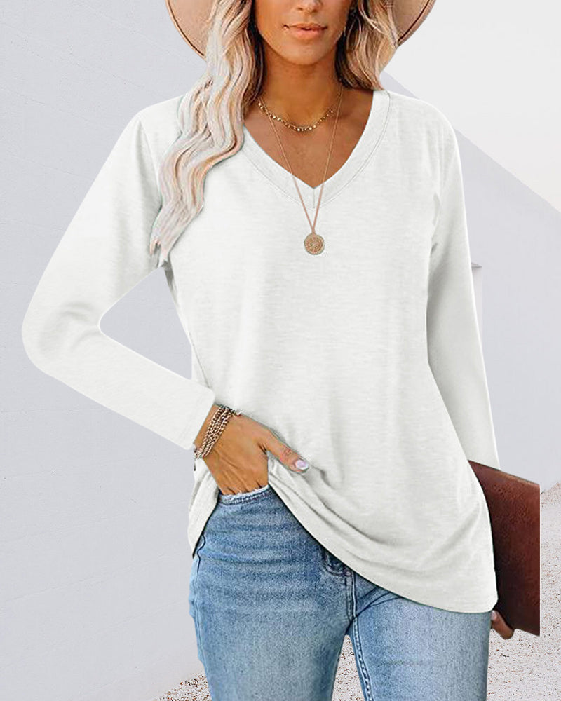 Andrea's™ | Einfarbiges Langarm-T-Shirt mit V-Ausschnitt