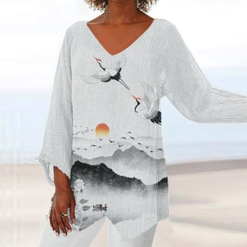 Andrea's™ | V-Ausschnitt T-Shirt mit Dreiviertelärmeln und lockerem Schnitt