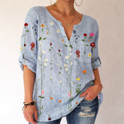 Bedruckte Baumwollbluse mit V-Ausschnitt von Andrea Serena