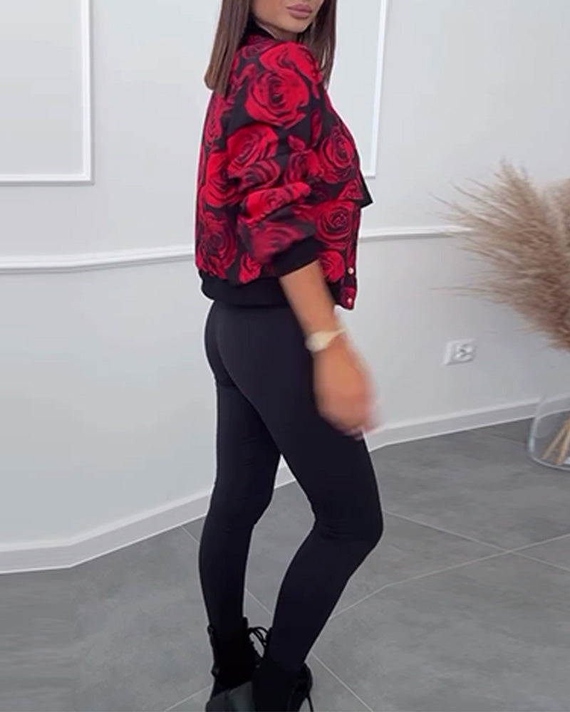 Andrea's™ | Lässige Jacke mit Knöpfen und Rosen-Print