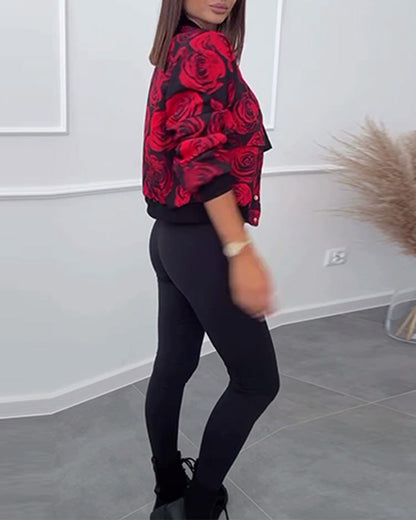 Andrea's™ | Lässige Jacke mit Knöpfen und Rosen-Print