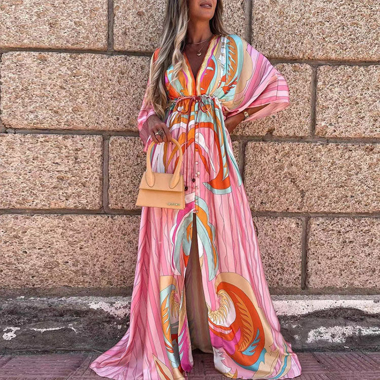Strahlendes Maxikleid mit V-Ausschnitt und Schnürung von Andrea Serena