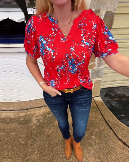 Andrea's™ | T-Shirt V-Ausschnitt Blumenmuster Kurzarm