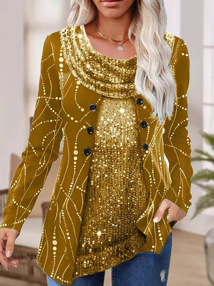 Damen Bluse mit Pailletten-Stitching und Rundhalsausschnitt