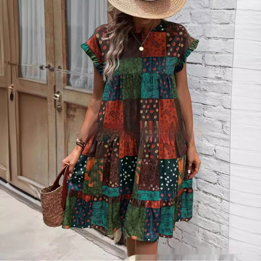 Boho Patchwork Andrea Serena Summer Midi Dress