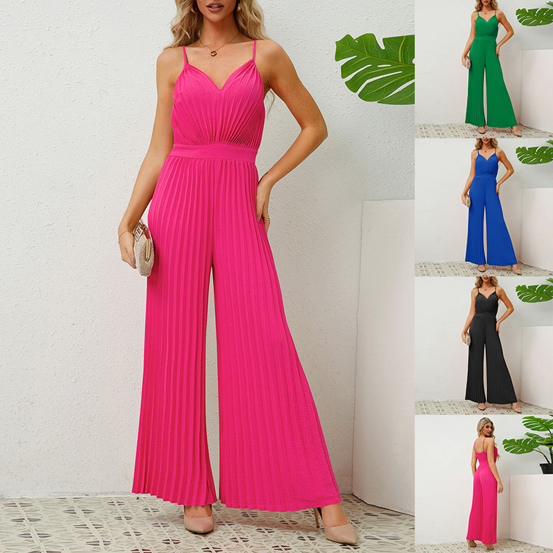 Jumpsuit mit V-Ausschnitt, Trägern, Falten, einfarbig, lockere, gerade Hose, Damenbekleidung