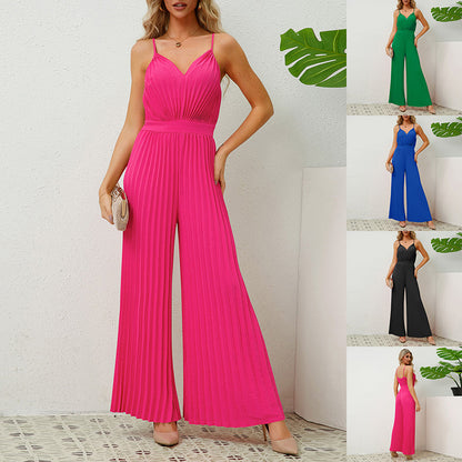 Jumpsuit mit V-Ausschnitt, Trägern, Falten, einfarbig, lockere, gerade Hose, Damenbekleidung