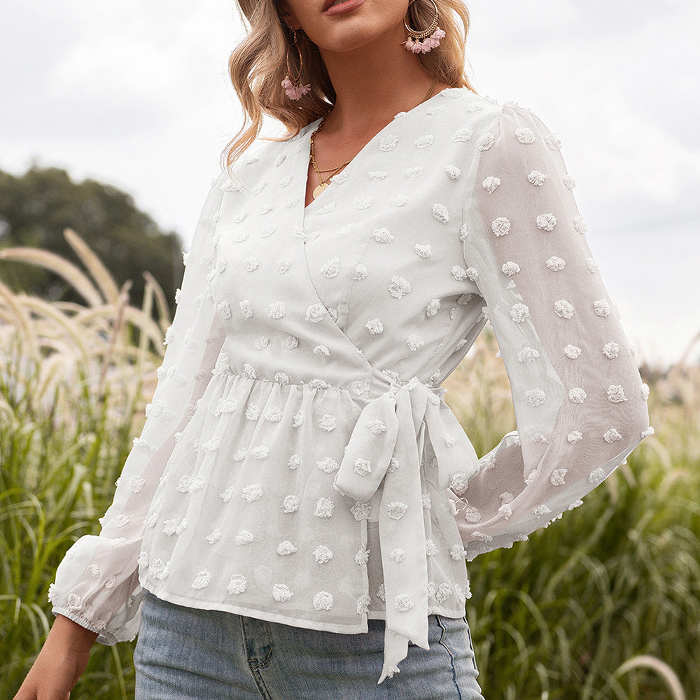 Elegant Jacquard V-Neck Blouse by Andrea Serena