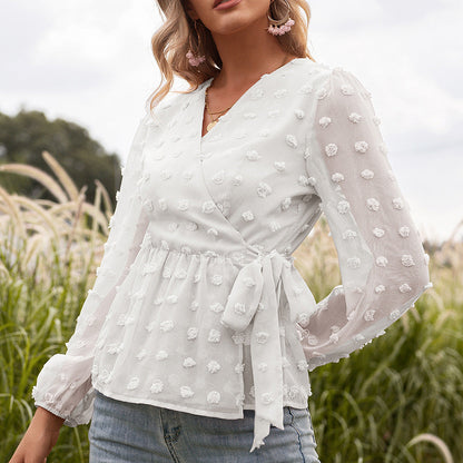Elegant Jacquard V-Neck Blouse by Andrea Serena