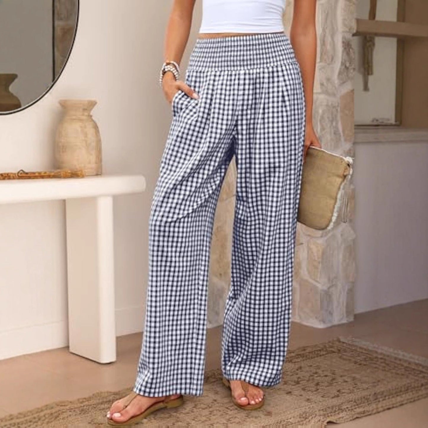 Karierte Freizeithose, locker geschnitten, Damenmode, weite Hose mit Taschen