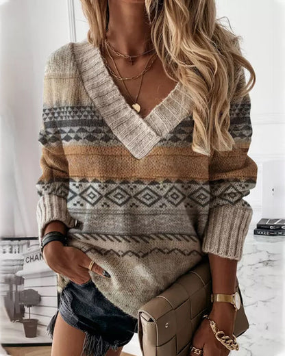 Andrea's™ | Geometrischer Pullover mit V-Ausschnitt und langen Ärmeln
