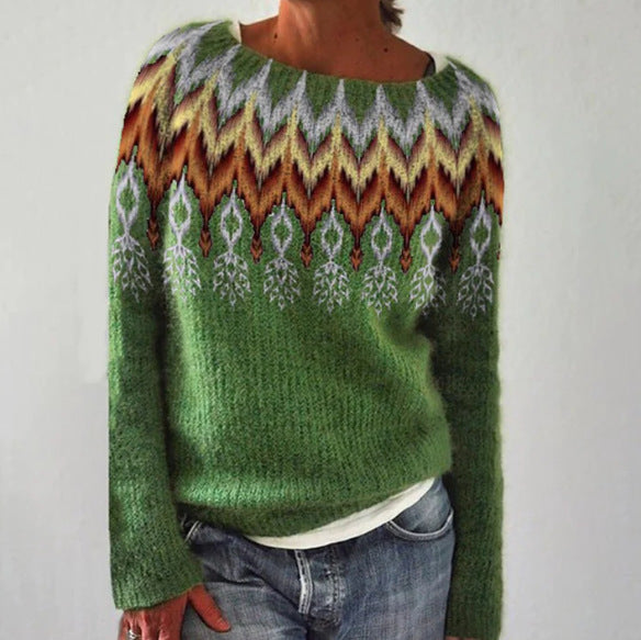 Andrea's™ | Waldgrüner Fair-Isle-Pullover mit grafischer Zackenpasse