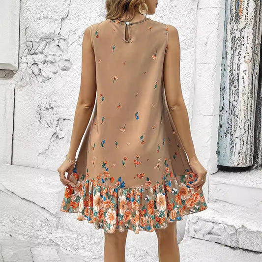 Ärmelloses, geblümtes Khaki-Kleid von Andrea Serena