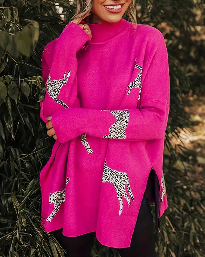 Andrea's™ | Stilvoller, lockerer pullover mit hohem kragen und leopardenmuster