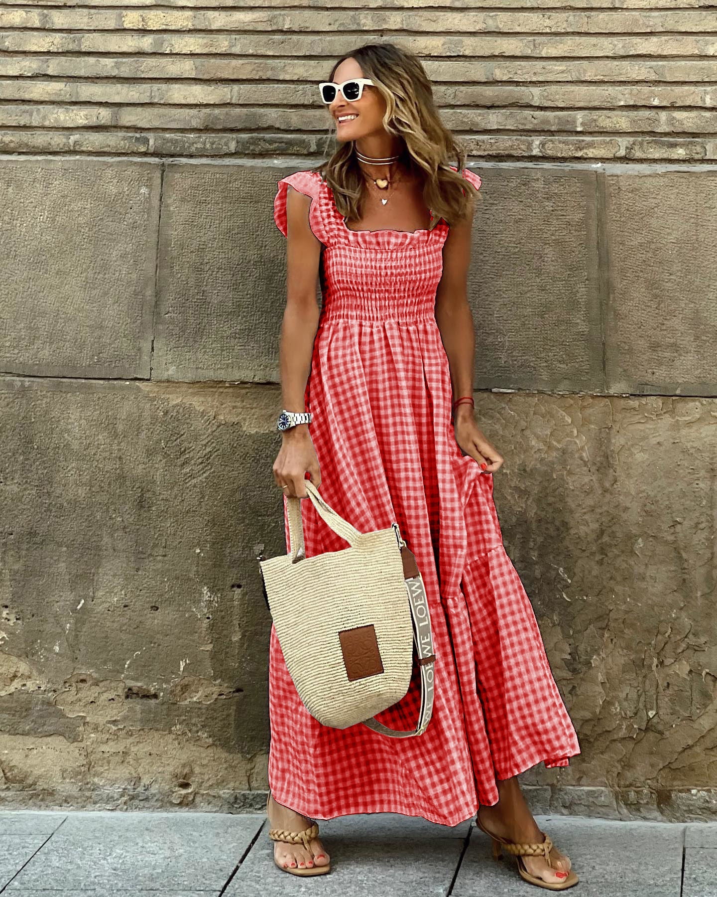 Kariertes Rüschen-Maxikleid von Andrea Serena