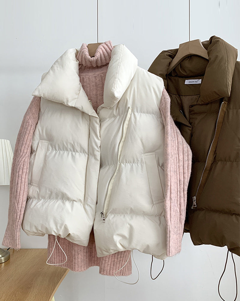 Andrea's™ | Einfache einfarbige ärmellose Steppjacke mit Reißverschlusstasche