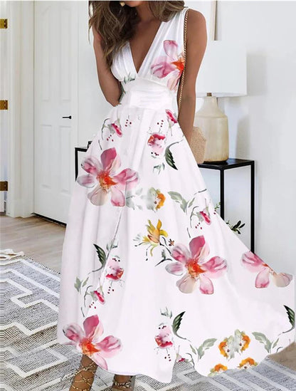 Andrea's™ | Ärmelloses Blumiges V-Ausschnitt Kleid