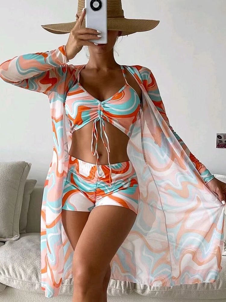 Andrea's™ | 3-teiliges Bikini-Set mit Print und langärmligem Überwurf