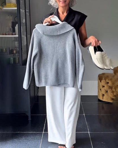 Andrea's™ | Unifarbener langärmeliger Ein-Schulter-Pullover