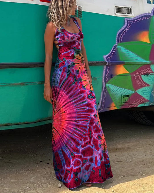 Lebhaftes geometrisches rückenfreies Maxikleid von Andrea Serena