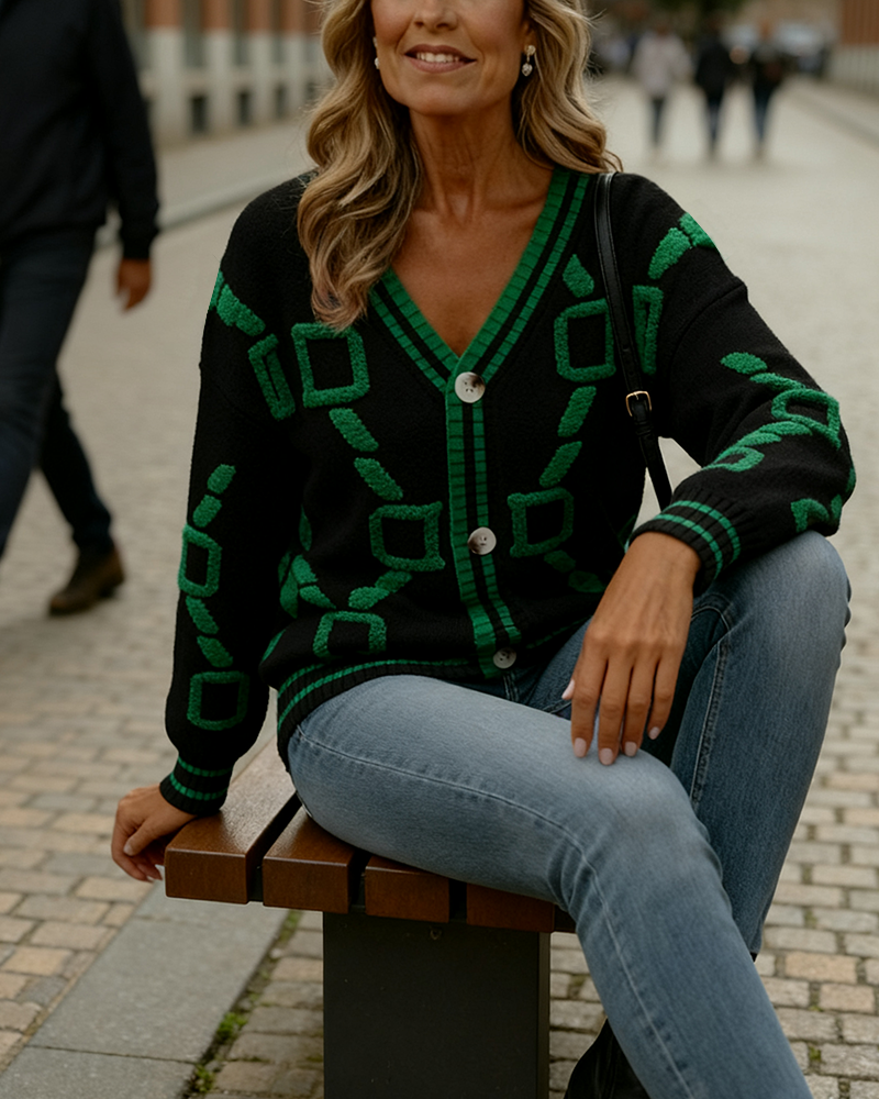 Andrea's™ | Cardigan modisch Kontrastfarbe V-Ausschnitt