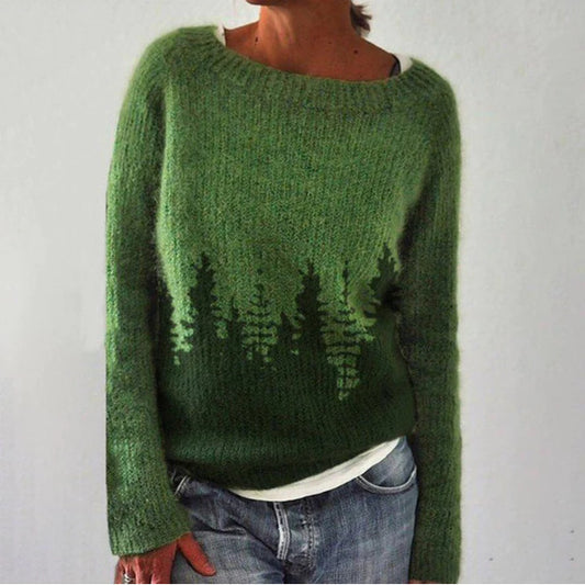 Andrea's™ | Moosgrüner Landschafts-Strickpullover mit Tannenwald-Motiv