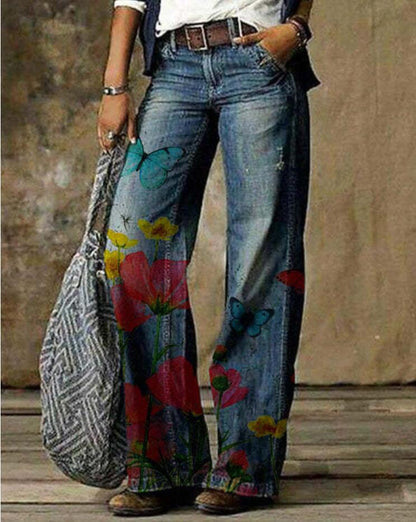 Künstlerische, blumengemusterte Hose mit weitem Bein von Andrea Serena