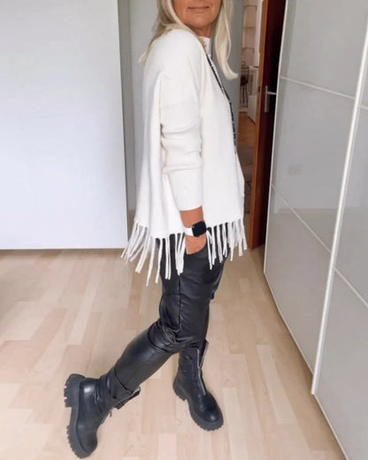 Andrea's™ | Einfarbiger Freizeitpullover mit Fransen