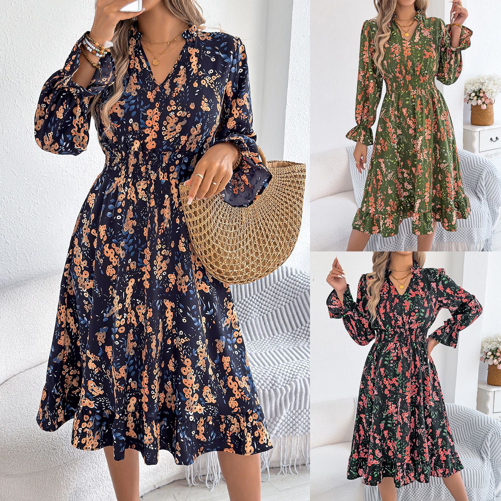 Floral Bell Sleeve Andrea Serena Midi Dress