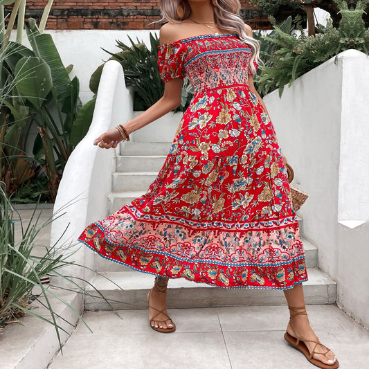 Boho-Blumenkleid von Andrea Serena mit schulterfreiem Ausschnitt und Midi-Länge