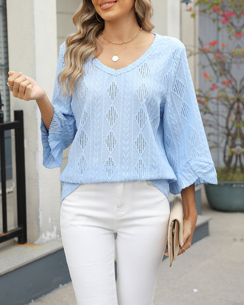 Andrea's™ | Oberteil Rautenkaromuster Hohldesign Trompetenärmel